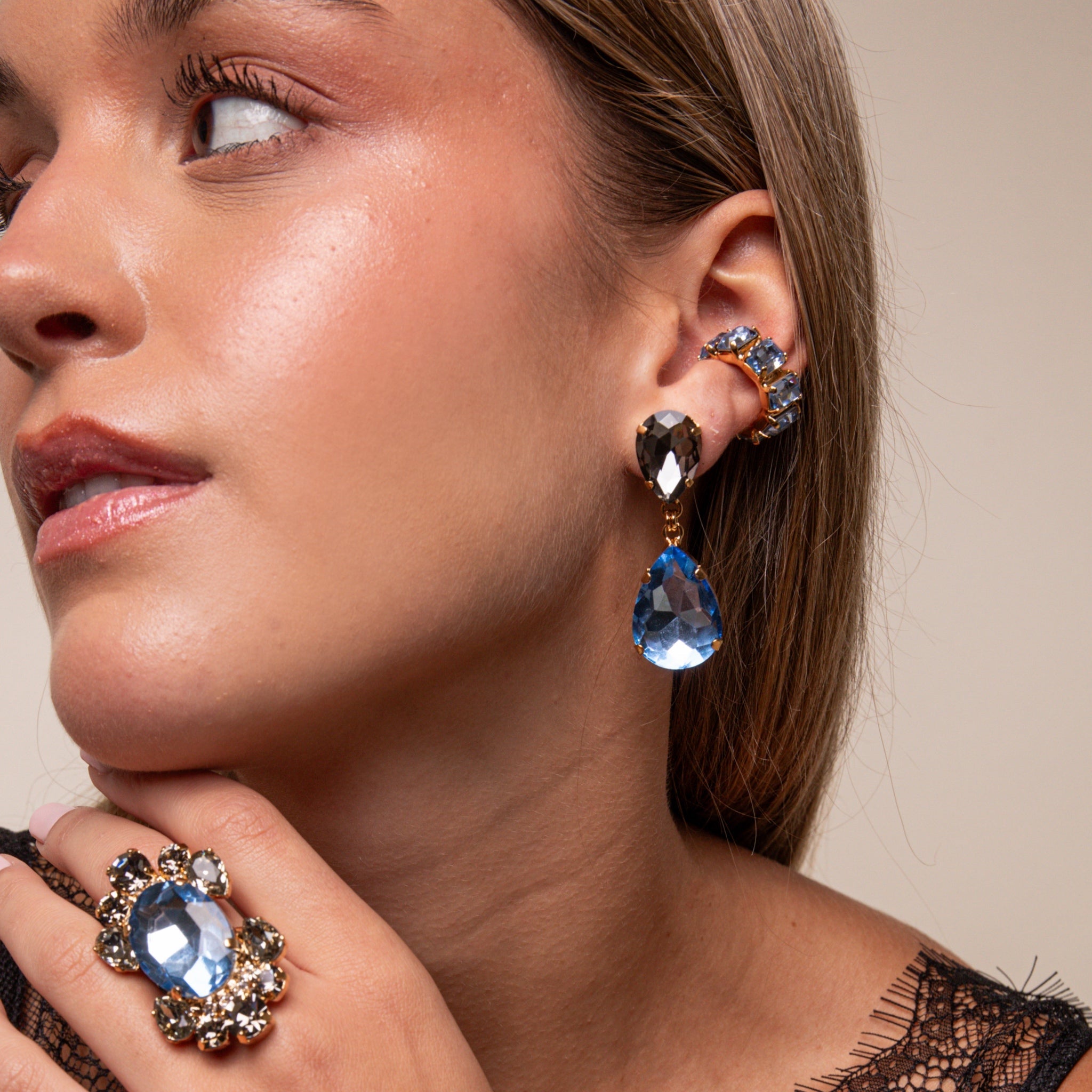 Pendientes Doble Gota Gris y Azul Claro - Piedra de Toque