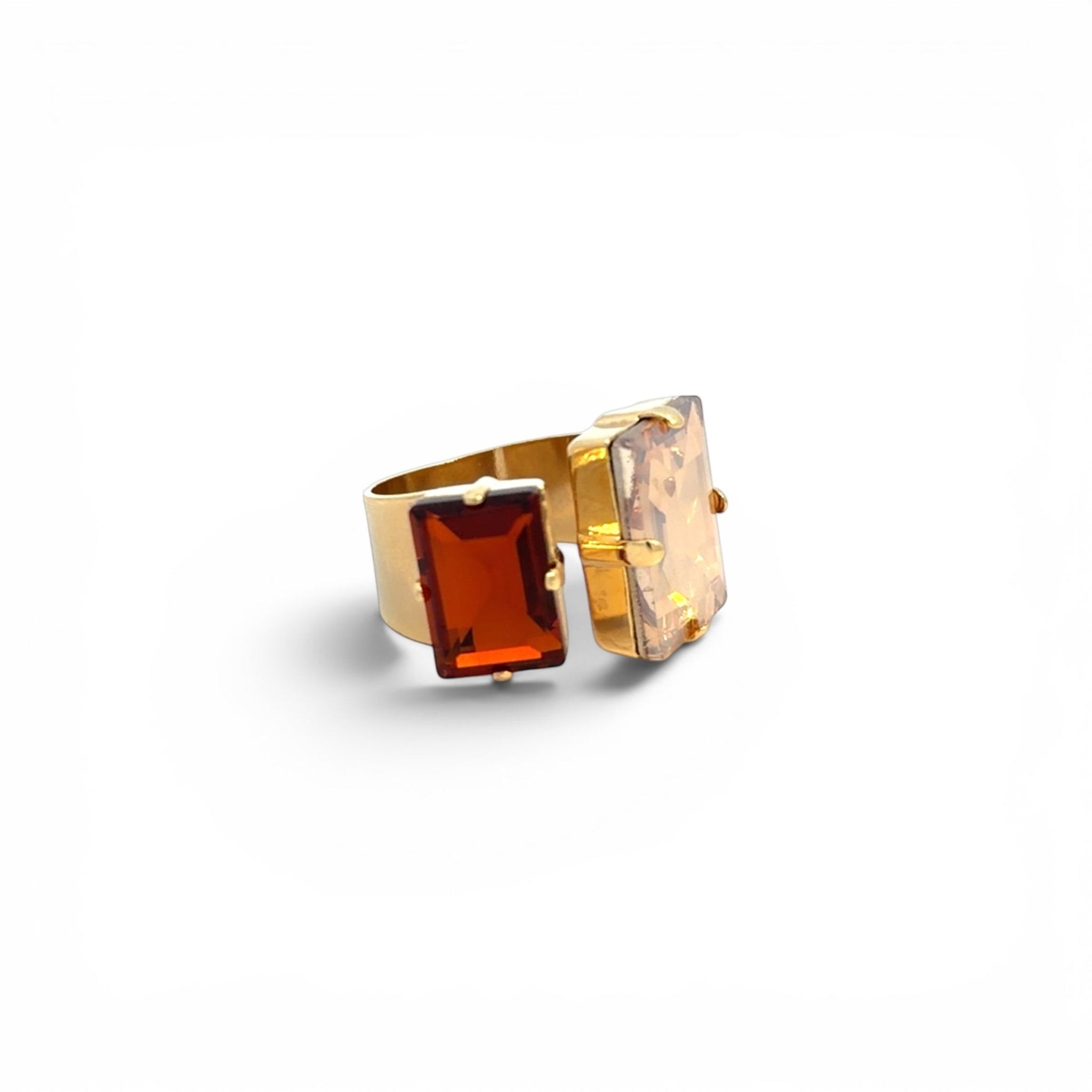 Sortija Dos Rectángulos Rojo y Cuarzo Dorado - Piedra de Toque
