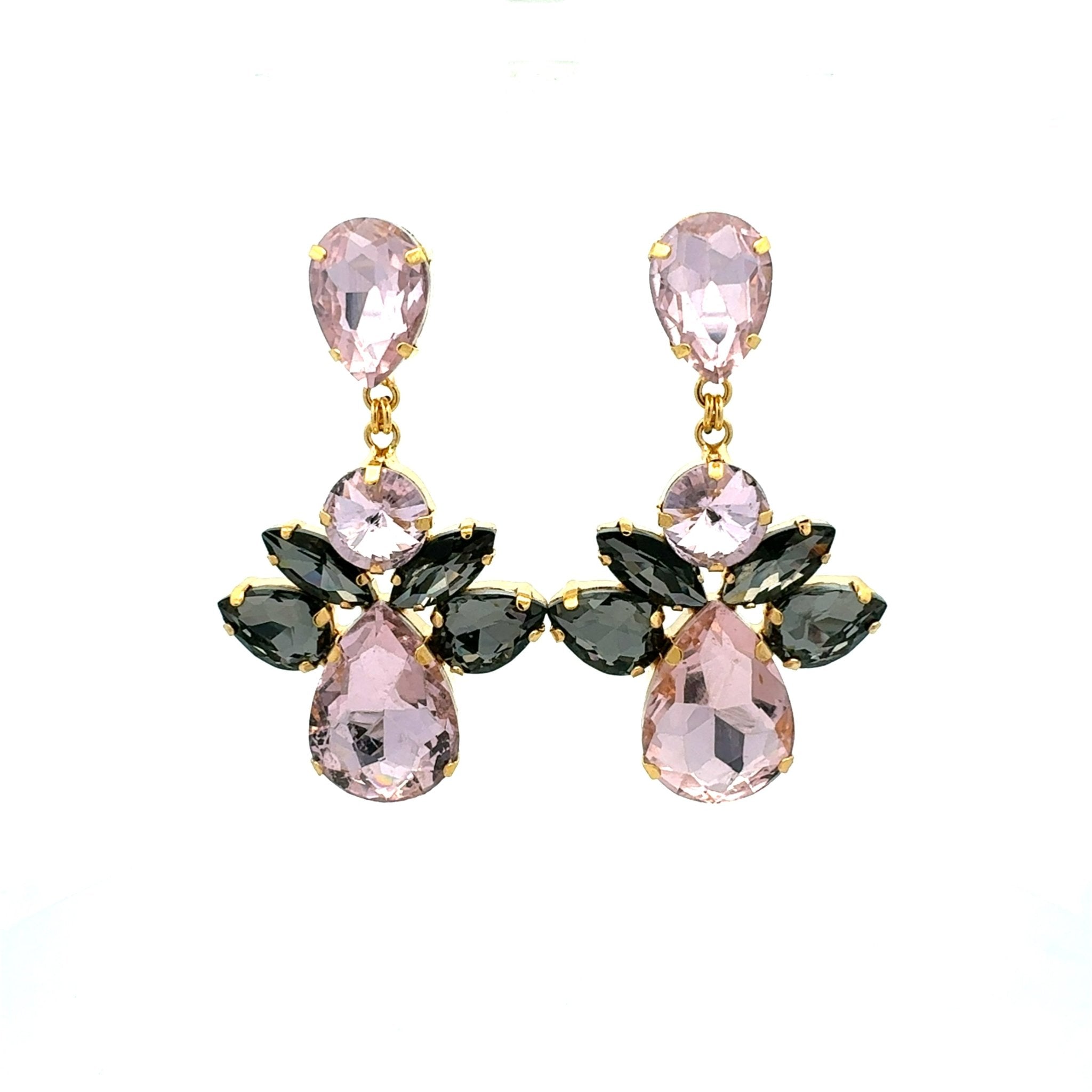 Pendientes Largos Flor Rosa y Gris - Piedra de Toque