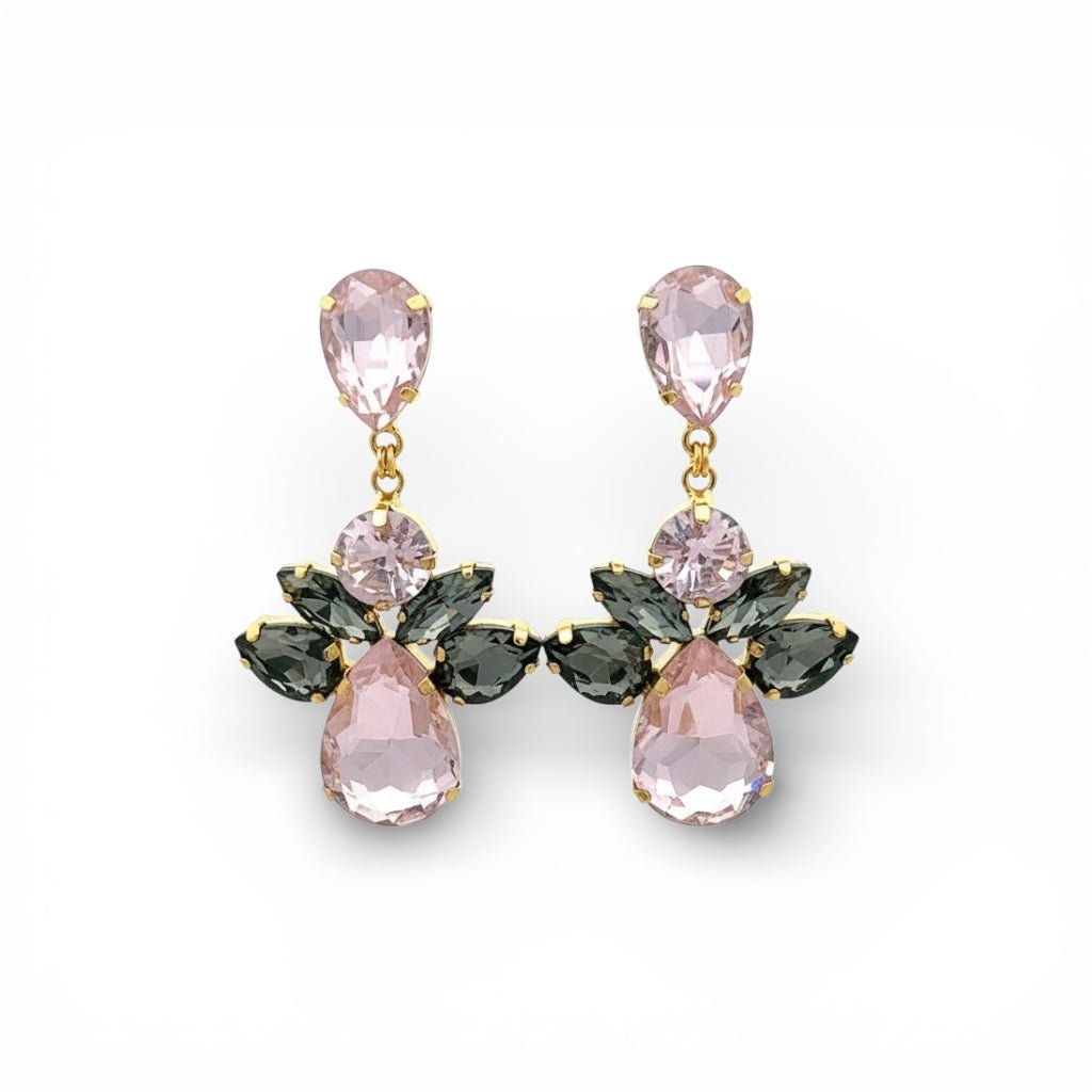 Pendientes Largos Flor Rosa y Gris - Piedra de Toque