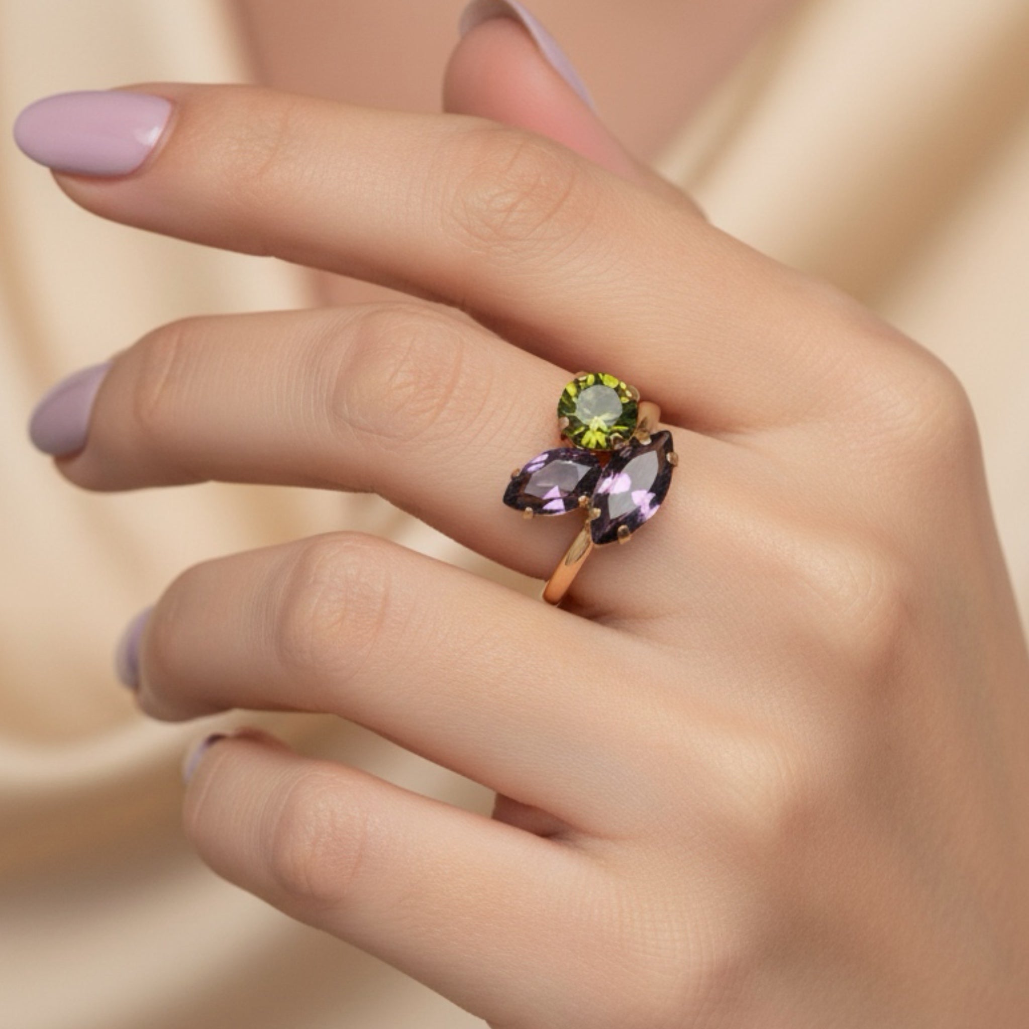 Sortija Flor Amatista y Oliva - Piedra de Toque